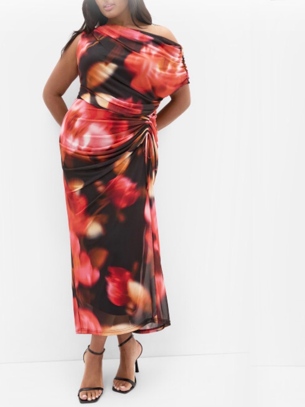 City Chic One-Shoulder Ruched Midi Dress - Red & Black